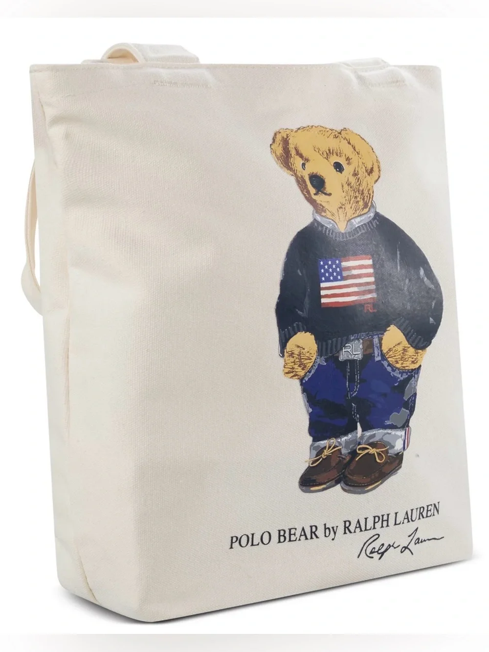 Polo Ralph Lauren Natural FLAG SWEATER BEAR 13.0” Canvas Zip Top Tote Bag